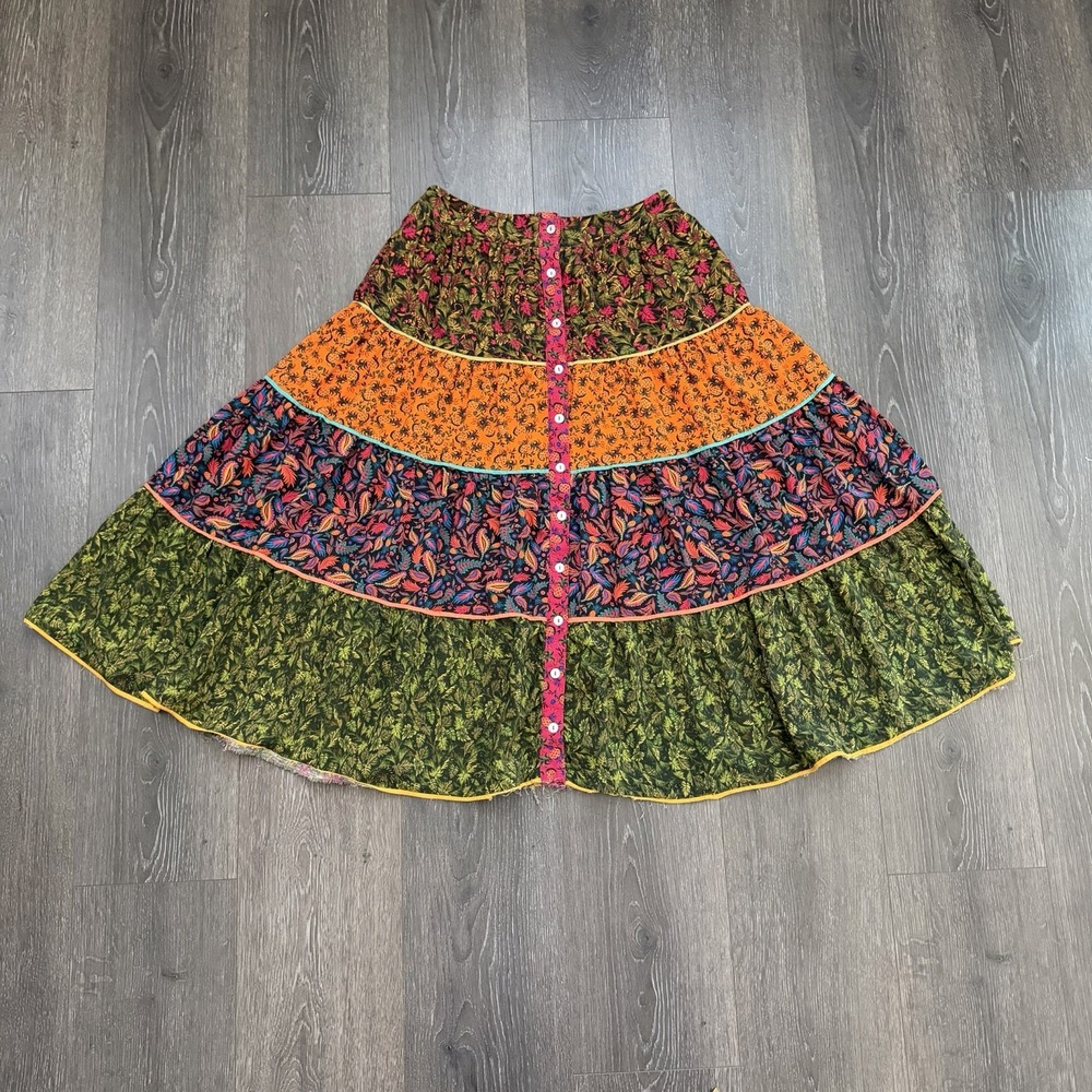 FARM Rio Anthropologie Tiered Maxi Skirt Size S Rainbow Floral Button Front Boho